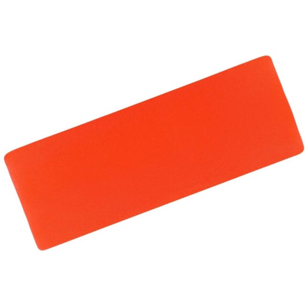 An orange running headband with a smooth texture and a simple design. It features a logo on one side.