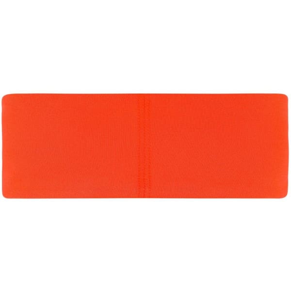 An orange running headband with a smooth, even texture, featuring a simple design and a visible logo.