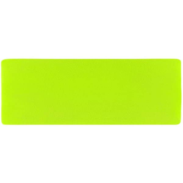 A bright yellow running headband with a smooth texture, featuring a logo.