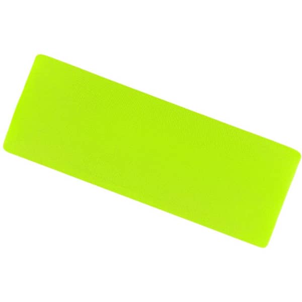 A bright yellow running headband with a smooth texture and a logo.