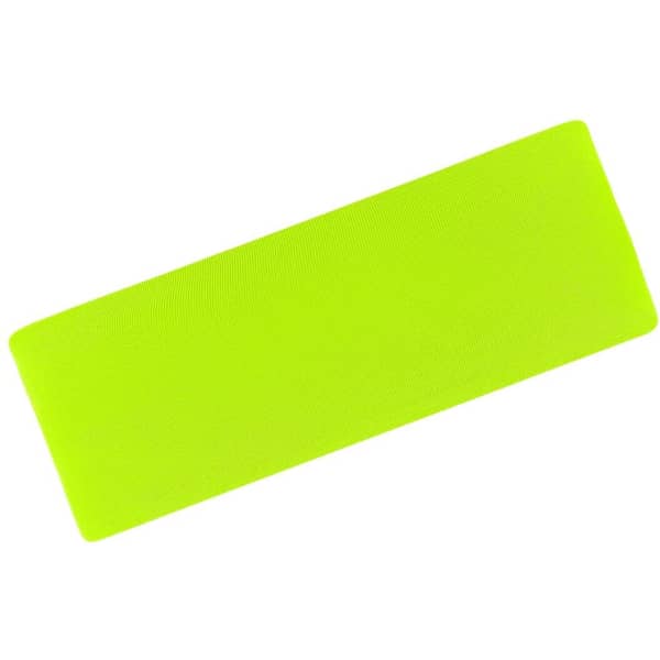 A running headband in bright lime green, featuring a smooth texture and a logo.