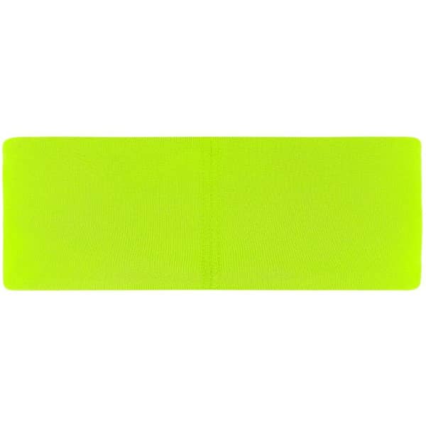 A bright green running headband featuring a smooth, stretchy fabric and a central seam. It has a logo at one end.