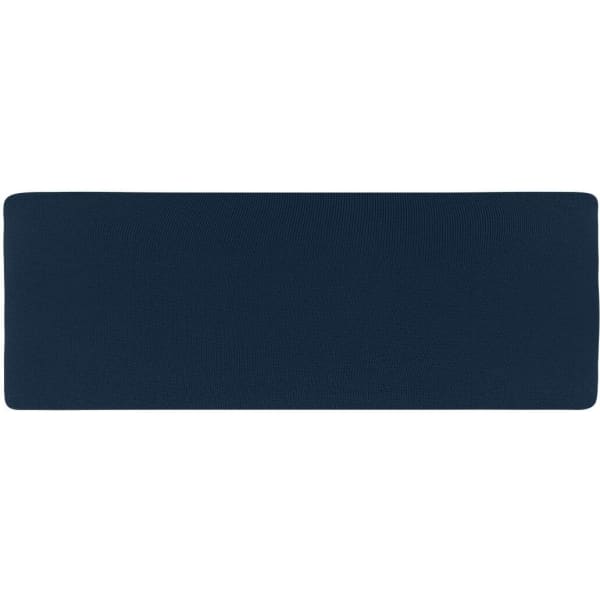 A navy blue running headband with a smooth texture and a simple design, featuring a logo.