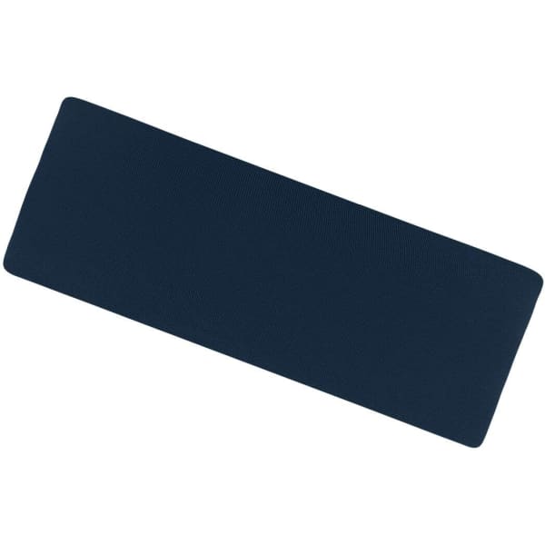 A navy blue running headband with a smooth texture, featuring a logo on one side.