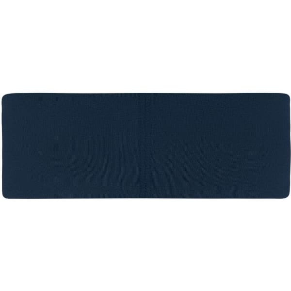 A navy running headband with a simple design and an unembellished surface. It features a logo.