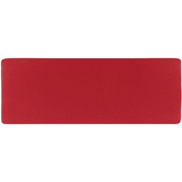 A red running headband with a simple design and a logo on one side.