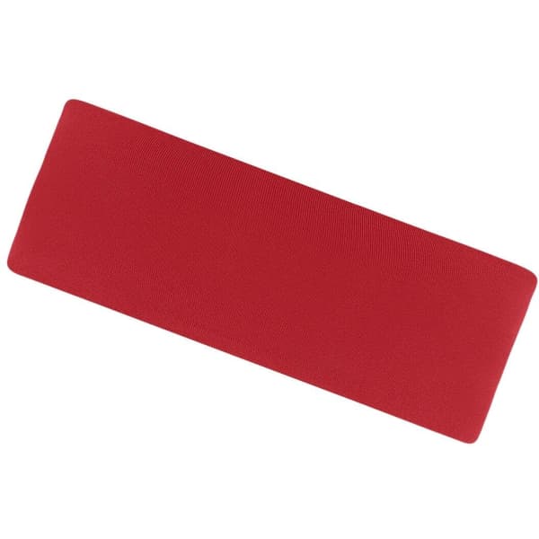 A red running headband featuring a smooth, elastic fabric and a simple design with a logo.