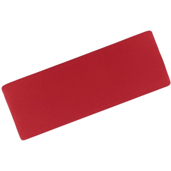A red running headband with a smooth texture, featuring a logo. Ideal for keeping hair in place.