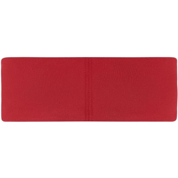 A red running headband with a smooth texture and a simple design, featuring a logo.