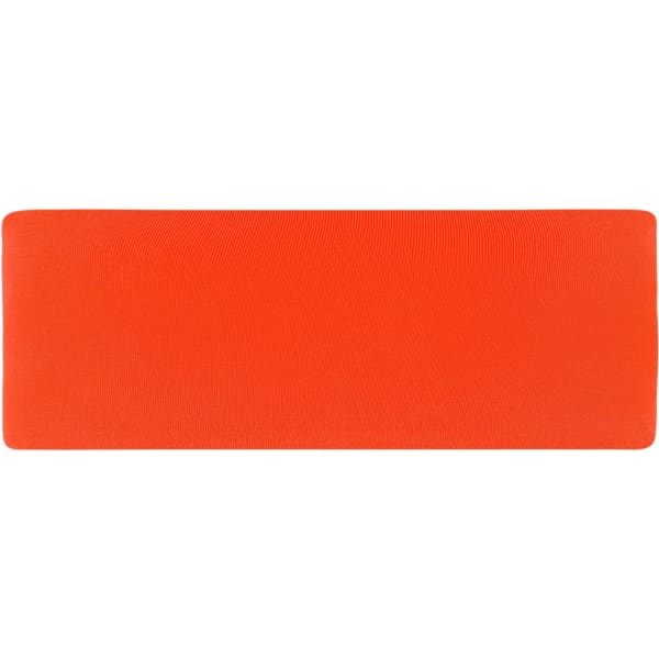 An orange headband with a smooth texture and a simple design. It features a logo.