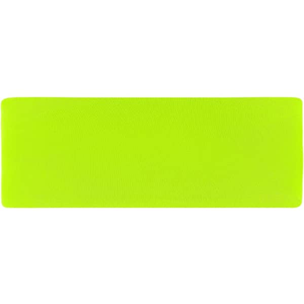 A running headband in bright neon yellow, featuring a simple design and a logo on one side.