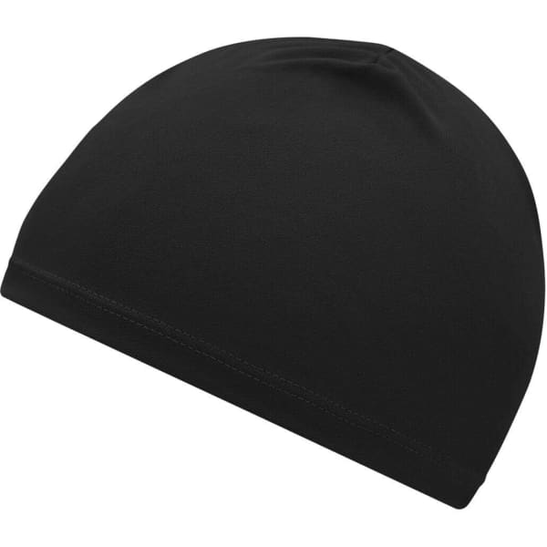 A black running beanie with a smooth finish and a snug fit. It has a simple design and features a logo.