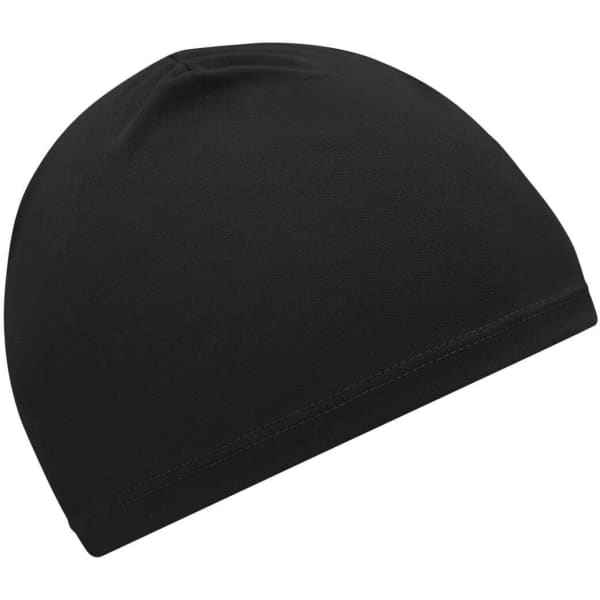 A black running beanie featuring a snug fit and a simple design, with a logo on the side.