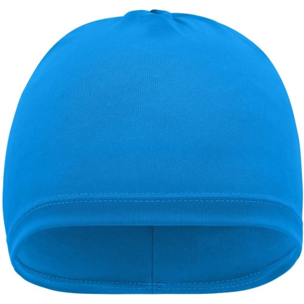 A running beanie in bright blue, featuring a smooth, fitted design with a simple style and no visible branding.
