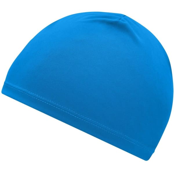 A blue running beanie with a smooth, fitted design and a logo present.