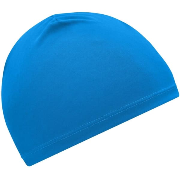 A blue running beanie with a smooth finish and a snug fit, featuring a simple design.