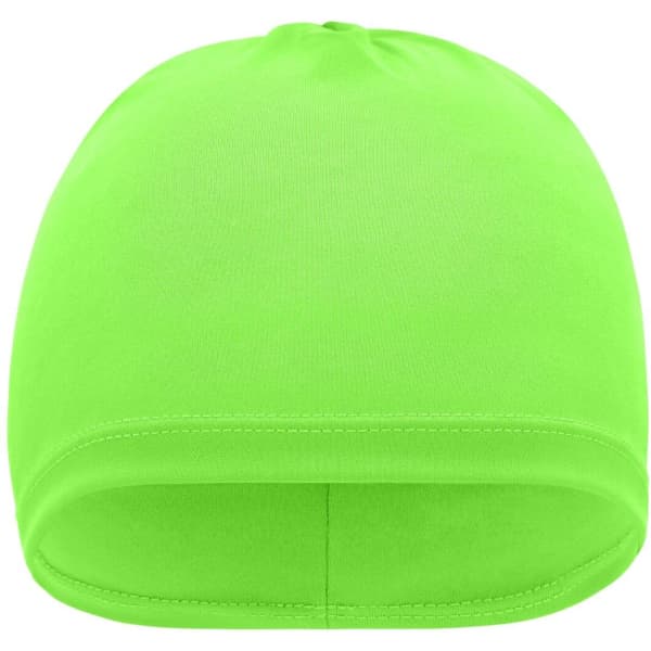 A bright green running beanie featuring a smooth, seamless design and a fitted shape.