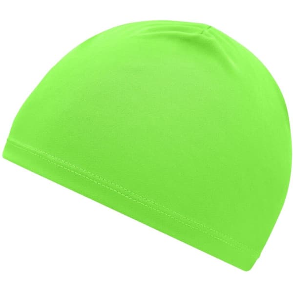 A bright green running beanie with a smooth texture and fitted design. It features a logo.