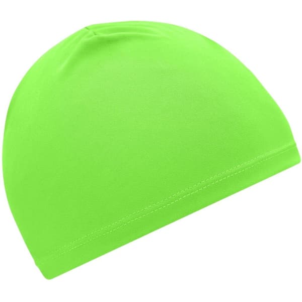 A bright green running beanie, made of lightweight material, featuring a simple design and no visible logos.