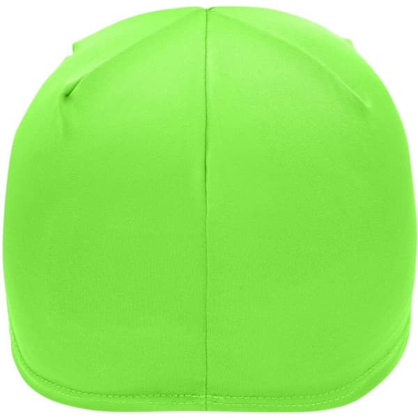 A green running beanie with a smooth finish and a snug fit. Features a logo on the side.