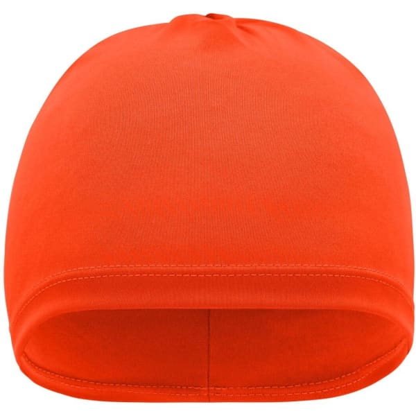 An orange running beanie with a smooth, fitted design and no visible branding.