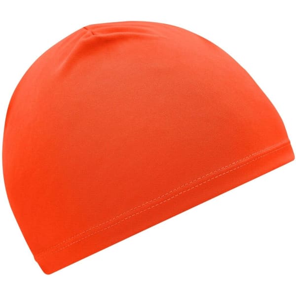 An orange running beanie with a smooth, fitted design and a simple style. It has a logo on the side.