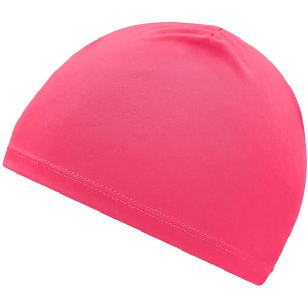 A bright pink running beanie with a smooth finish and a snug fit. Features a logo on the side.