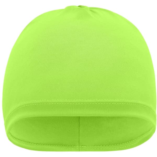 A bright green running beanie with a smooth, seamless design and a snug fit, featuring a logo.