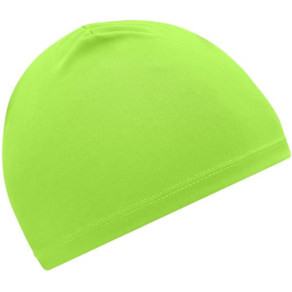 A bright green running beanie with a smooth, fitted design. It features a logo on the side.