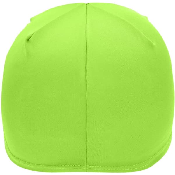 A running beanie in bright fluorescent green with a smooth, minimalistic design. It features a branded logo.