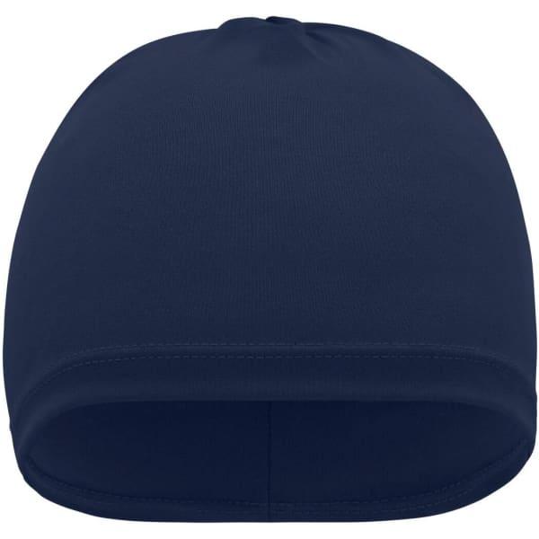 A navy running beanie with a smooth, fitted design and a simple construction. It features a logo on the side.