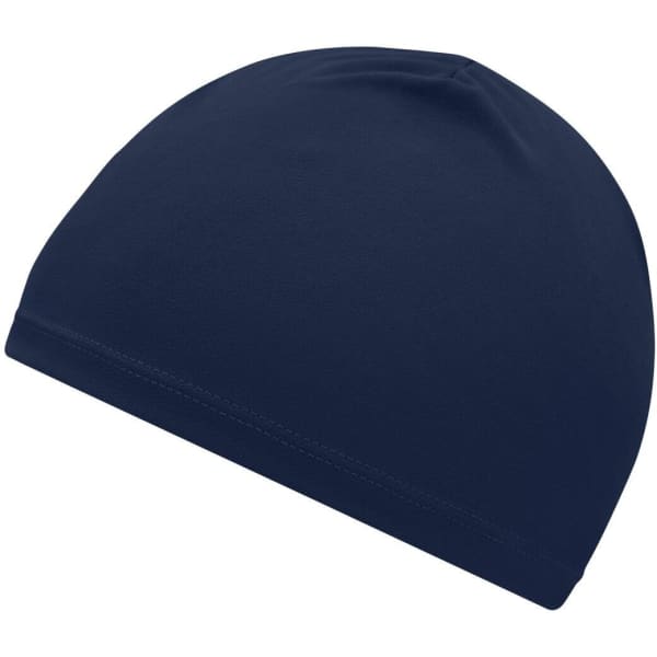 A navy running beanie with a smooth finish and a logo. Suitable for outdoor activities.