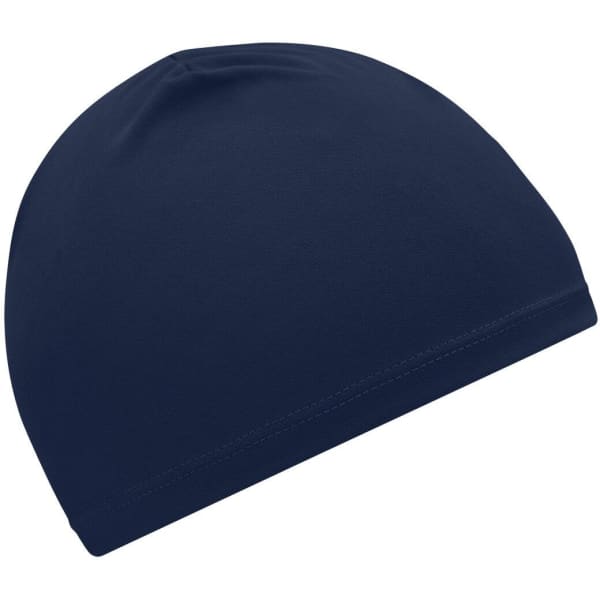 A navy running beanie featuring a soft, fitted design and an unadorned surface, ideal for outdoor activities.