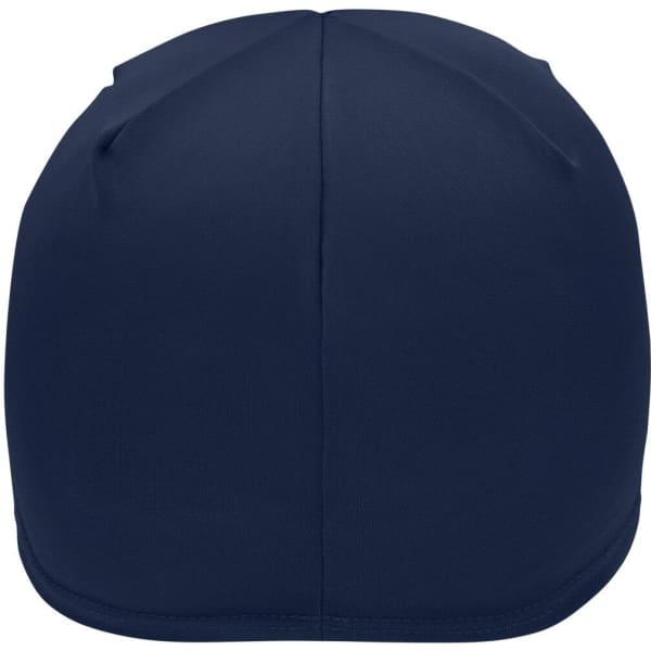 A navy blue running beanie with a smooth, seamless design and a logo on the side.
