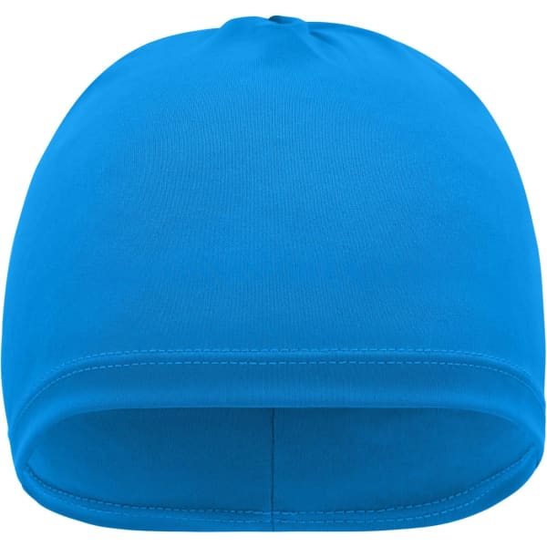 A running beanie in a vibrant blue colour, featuring a simple design and a logo.