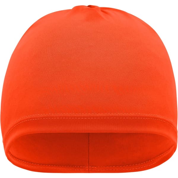 An orange running beanie with a smooth design and no visible seams. It features a logo on the side.