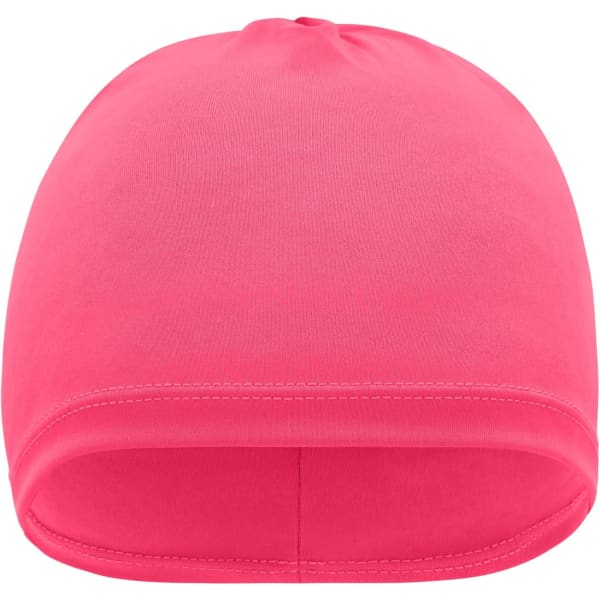 A pink running beanie with a smooth, fitted design and a rounded top. It features a logo on the side.