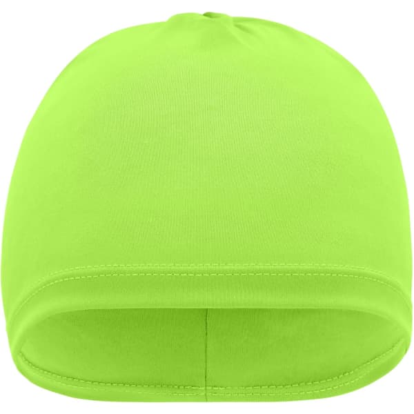 A bright green running beanie featuring a fitted, smooth design and a logo on the side.