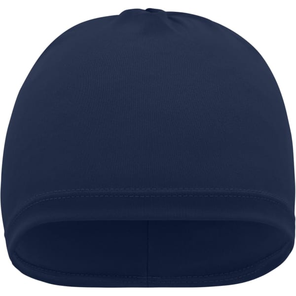 A navy blue running beanie with a smooth, seamless design and a logo on it.