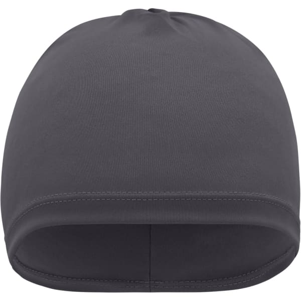 A running beanie in dark grey, featuring a smooth, fitted design. The product has a logo on it.
