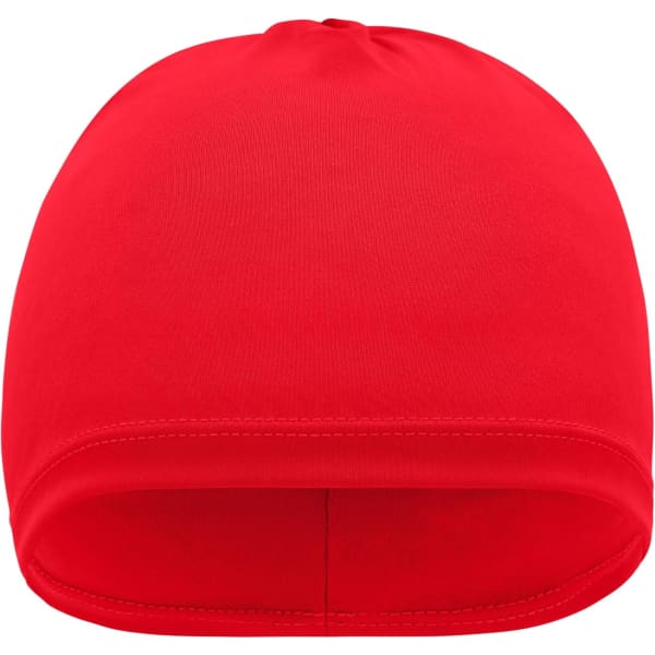 A red running beanie with a seamless design and no visible branding.