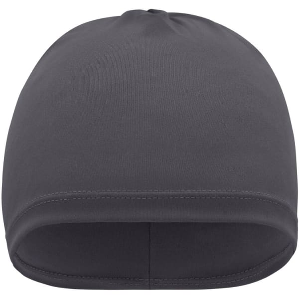 A running beanie in dark grey, featuring a smooth, fitted design. The beanie has a simple, unembellished style.