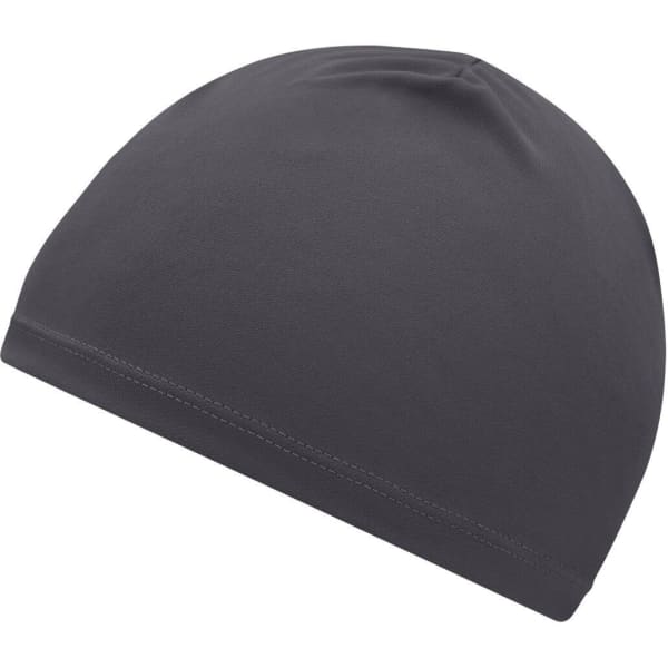 A running beanie in dark grey, made from a smooth, stretchy fabric. Features a simple design with no visible logos.
