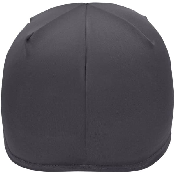 A grey running beanie with a smooth surface and a fitted design, featuring a branded logo.