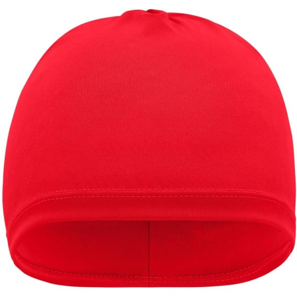 A red running beanie with a smooth, streamlined design and a logo on the side.