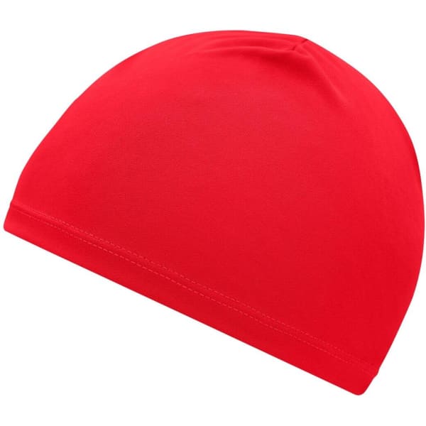 A red beanie with a smooth fabric finish, featuring an underlying logo or branding.