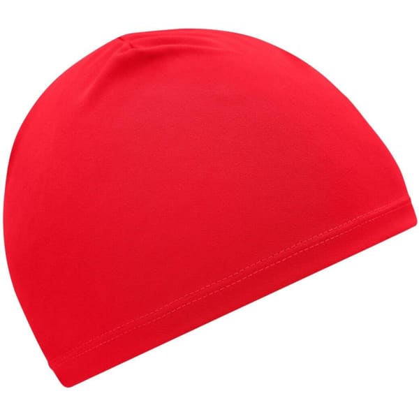 A red running beanie with a simple design and a logo on the side.
