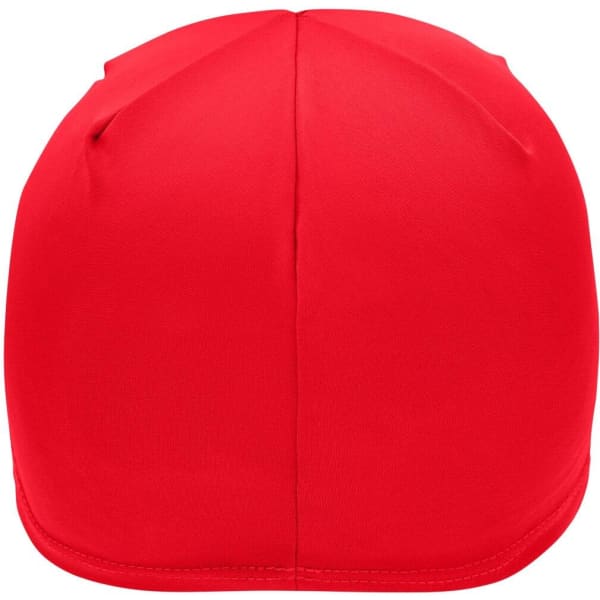 A red running beanie with a seamless design and a small logo on the side.