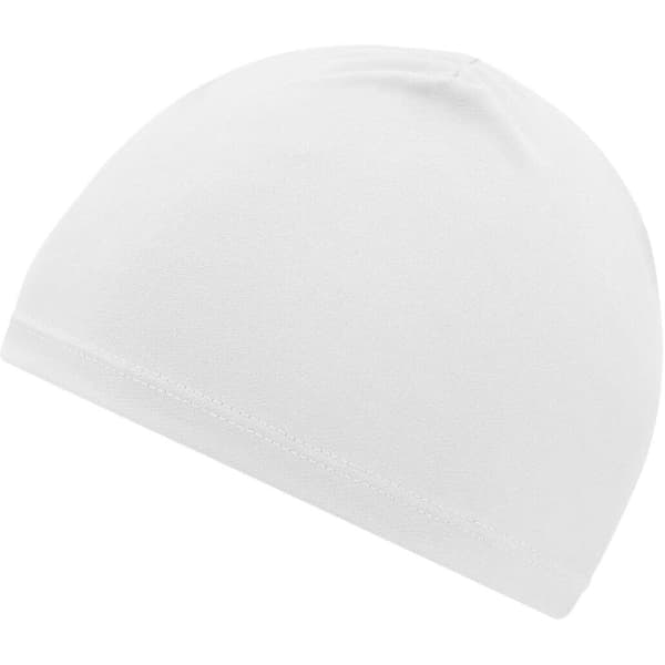 A white beanie featuring a smooth finish and a subtle logo on its side.