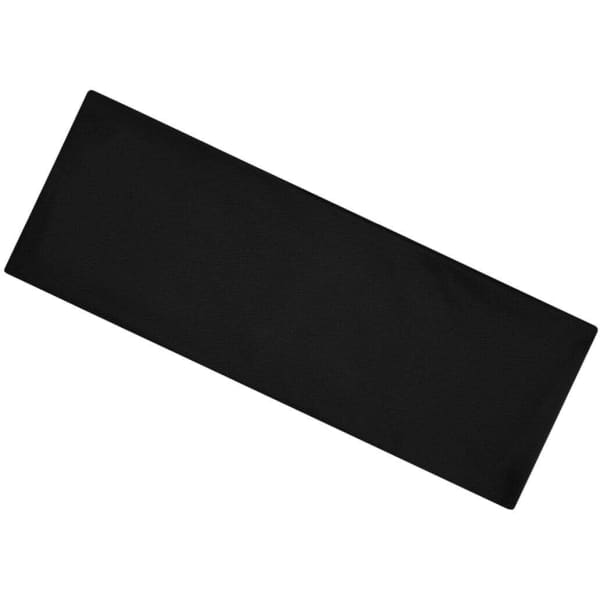 A black running headband featuring a logo, designed for comfort and performance.